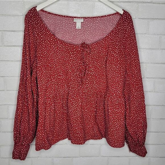 Ava & Viv Red Dotted Peasant Long Sleeve Babydoll Blouse - Picture 1 of 5